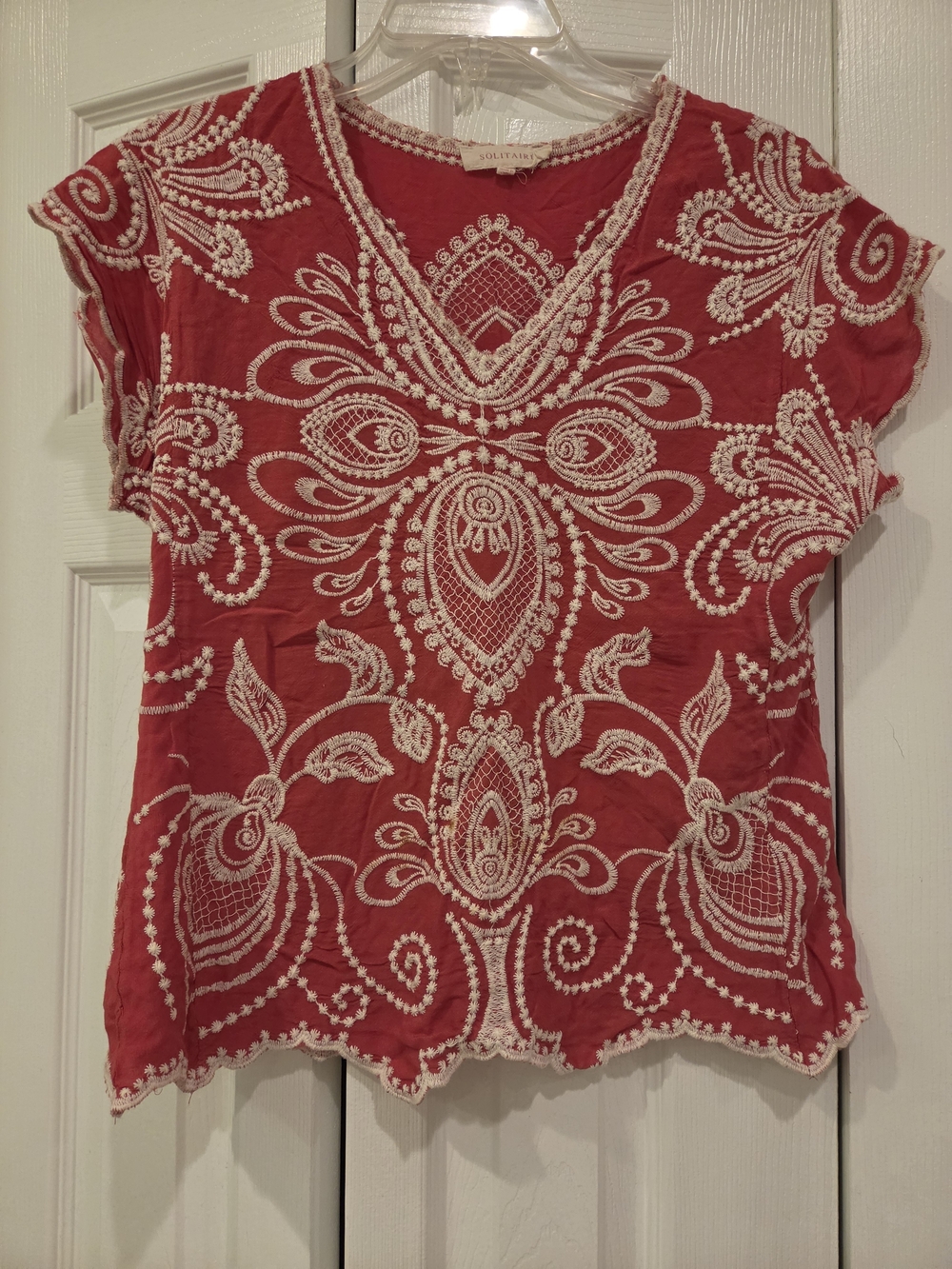 Solitaire Coral Short-Sleeve Embroidered V-Neck Blouse